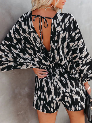 Tied Printed Kimono Sleeve Romper Divacious