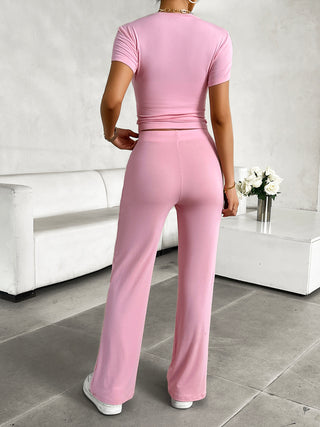 Devine Round Neck Short Sleeve Top and Pants Set Trendsi