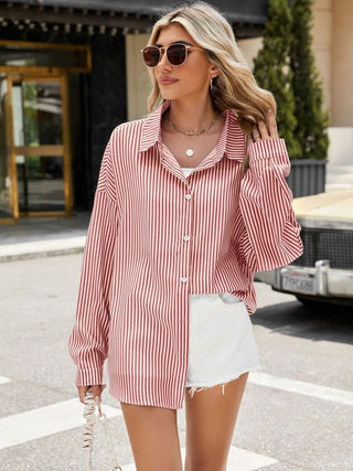 Striped Collared Neck Long Sleeve Shirt Divacious