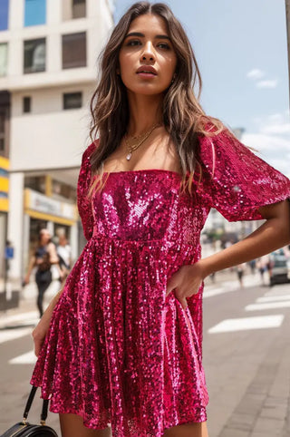 Sequin Square Neck Balloon Sleeve Romper Divacious