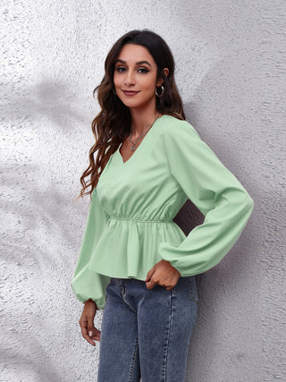 V-Neck Balloon Sleeve Peplum Blouse Divacious