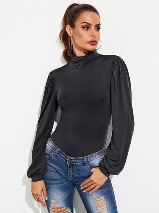 Backless Tie-Waist Turtleneck Lantern Sleeve Bodysuit Divacious