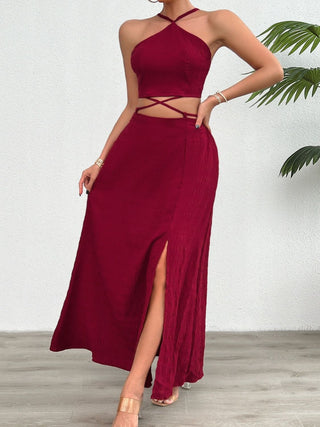 Devine Grecian Neck Top and Slit Skirt Set Trendsi