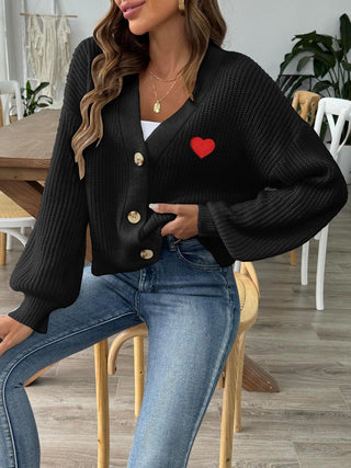 Heart Button Down V-Neck Long Sleeve Cardigan - Divacious