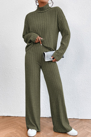 Ribbed Mock Neck Top and Pants Set Trendsi