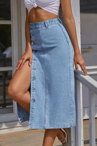 Buttoned Split Denim Skirt Divacious