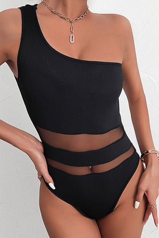 Open Back One-Shoulder Spliced Mesh Bodysuit Divacious