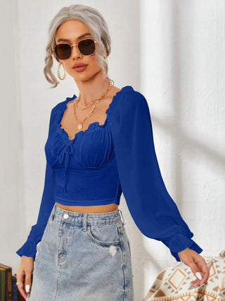 Mesh Sweetheart Neck Flounce Sleeve Top Divacious