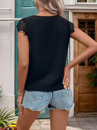 Lace Detail V-Neck Cap Sleeve T-Shirt Divacious