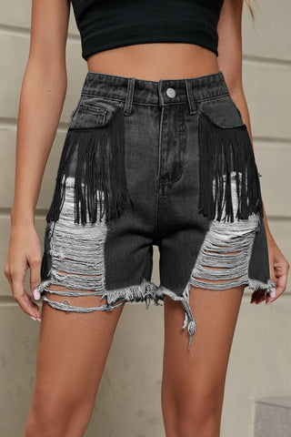 Fringe Trim Distressed Denim Shorts with Pockets Divacious