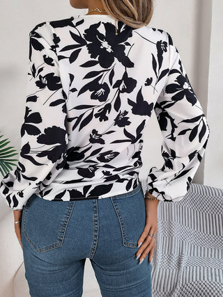 Printed V-Neck Long Sleeve Blouse Divacious