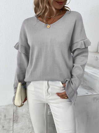 Ruffled V-Neck Dropped Shoulder Sweater Divacious