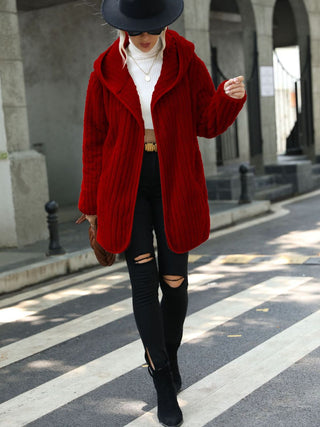 Open Front Ribbed Hooded Coat Divacious