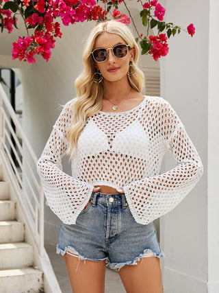 Openwork Round Neck Long Sleeve Cover-Up Divacious