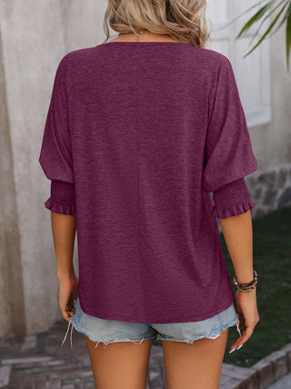 Heathered Notched Lantern Sleeve Blouse Divacious