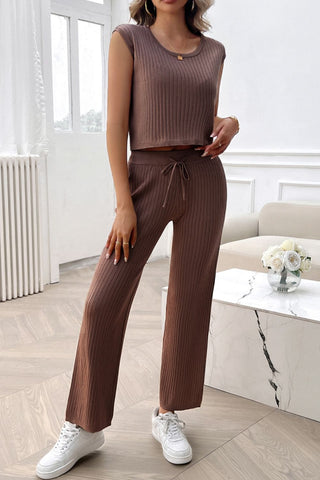 Ribbed Round Neck Top and Pants Set - Divacious