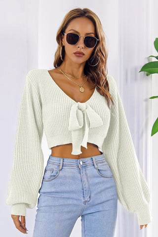 Bow V-Neck Long Sleeve Cropped Sweater Divacious