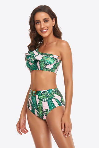 Ruffled One-Shoulder Buckled Bikini Set Divacious