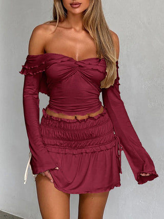 Twisted Ruffled Off-Shoulder Long Sleeve T-Shirt - Divacious