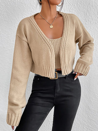 Plain Sweater Cami and Cardigan Set Trendsi