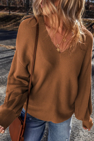 V-Neck Dropped Shoulder Long Sleeve Sweater - Divacious