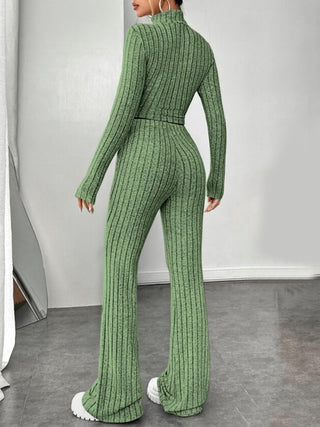 Ribbed Mock Neck Long Sleeve Top and Pants Set Trendsi