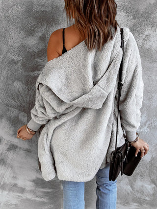 Open Front Hooded Faux Fur Outwear with Pockets Divacious