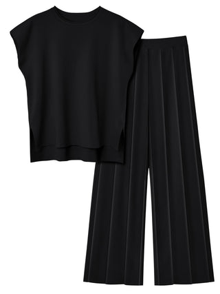 Round Neck Cap Sleeve Top and Pants Knit Set Trendsi