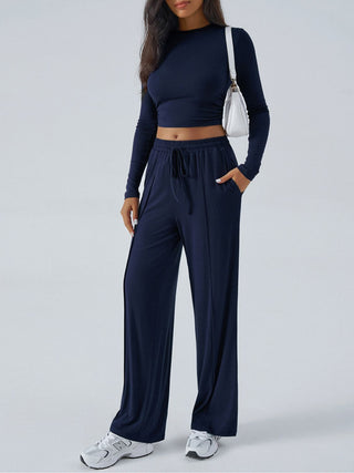 Round Neck Long Sleeve Top and Pants Set - Divacious