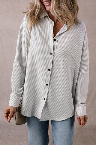 Pocketed Striped Collared Neck Long Sleeve Shirt Divacious