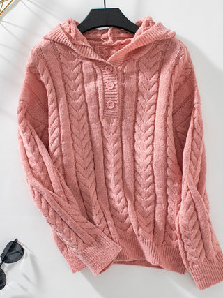 Cable-Knit Long Sleeve Hooded Sweater - Divacious