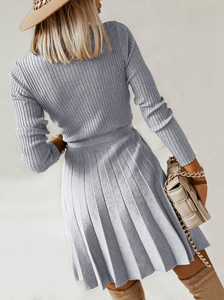 Surplice Neck Tie Front Pleated Sweater Dress Trendsi