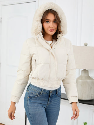 Pocketed Long Sleeve Cropped Hooded Winter Coat - Divacious