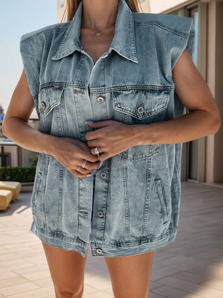 Pocketed Button Up Cap Sleeve Denim Jacket Divacious