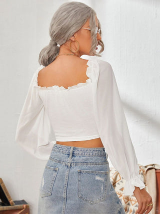 Mesh Sweetheart Neck Flounce Sleeve Top Divacious