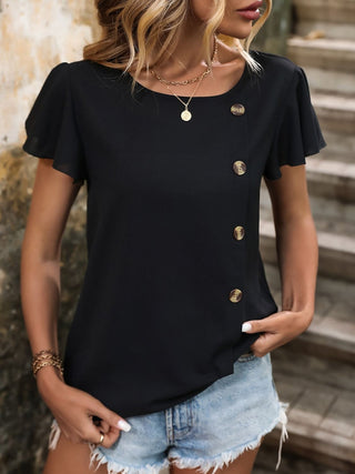 Decorative Button Round Neck Short Sleeve Blouse Divacious