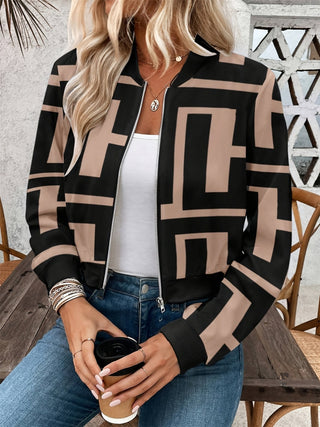 Geometric Baseball Collar Zip Up Jacket - Divacious