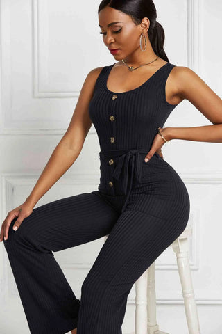 Button Detail Tie Waist Jumpsuit with Pockets Divacious