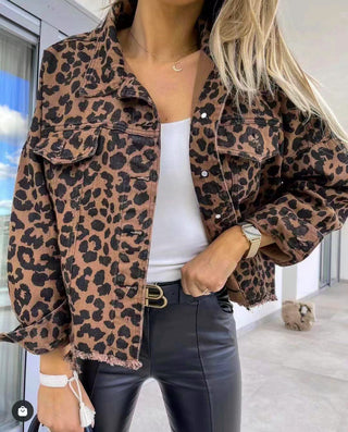 Leopard Raw Hem Denim Jacket Trendsi