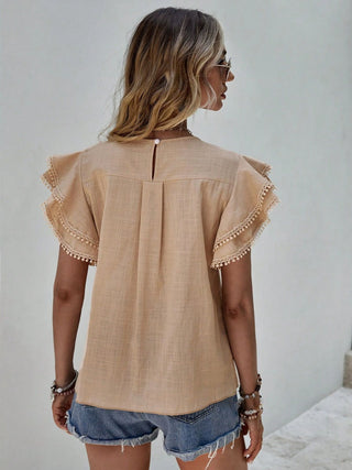 Ruffled Cap Sleeve Round Neck Blouse Divacious