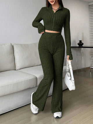 Honey Zip Up Long Sleeve Top and Pants Set Trendsi