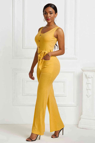 Button Detail Tie Waist Jumpsuit with Pockets Divacious