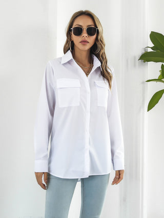 Collared Neck Buttoned Shirt with Pockets Divacious