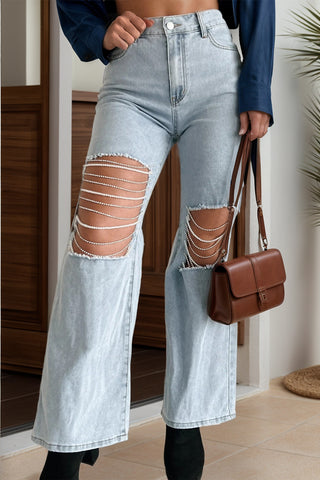 Distressed Bead Chain Straight Jeans Divacious