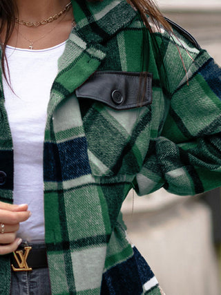 Pocketed Plaid Button Up Dropped Shoulder Shacket Divacious