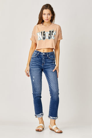 Full Size High-Rise Frayed Cuffed Straight Jeans Divacious