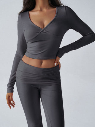 Ruched Long Sleeve Top and Pants Set - Divacious