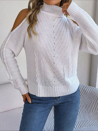 Cable-Knit Turtleneck Cold Shoulder Sweater Divacious