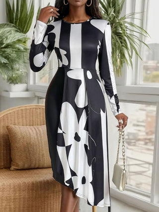 Perfee Asymmetrical Slit Round Neck Long Sleeve Midi Dress Trendsi