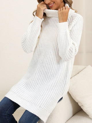 Slit Turtleneck Long Sleeve Sweater - Divacious